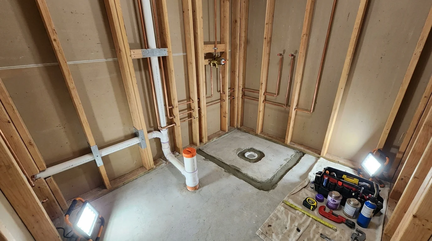 Bathroom rough-in plumbing during remodel by Johns Plumbing LLC in Waynesville