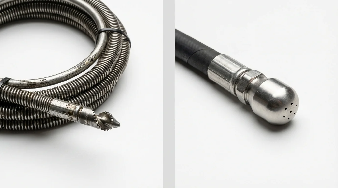 Drain snake cable and hydro jetting nozzle used for drain cleaning in Waynesville, OH