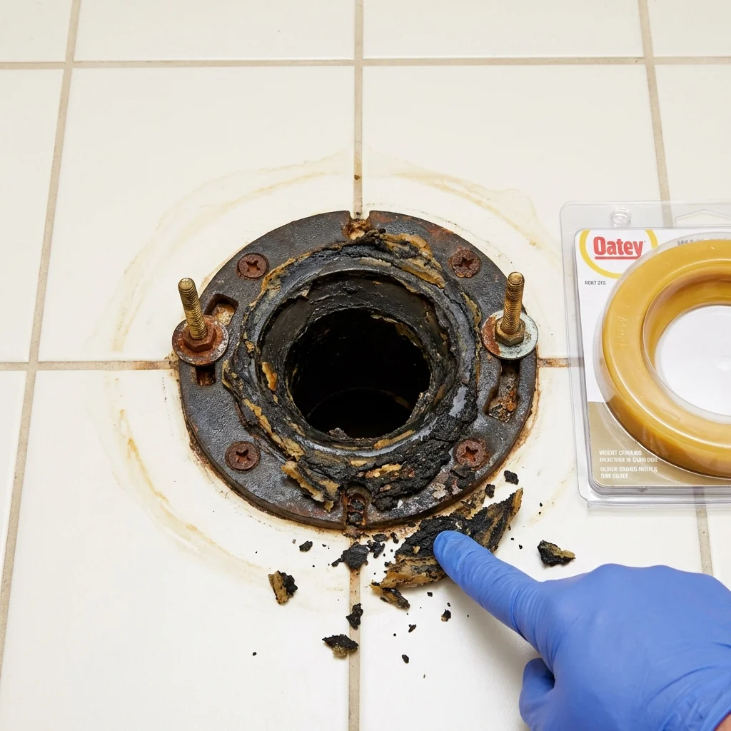 Failed wax ring showing water seepage at the base of a toilet in a Waynesville, OH home