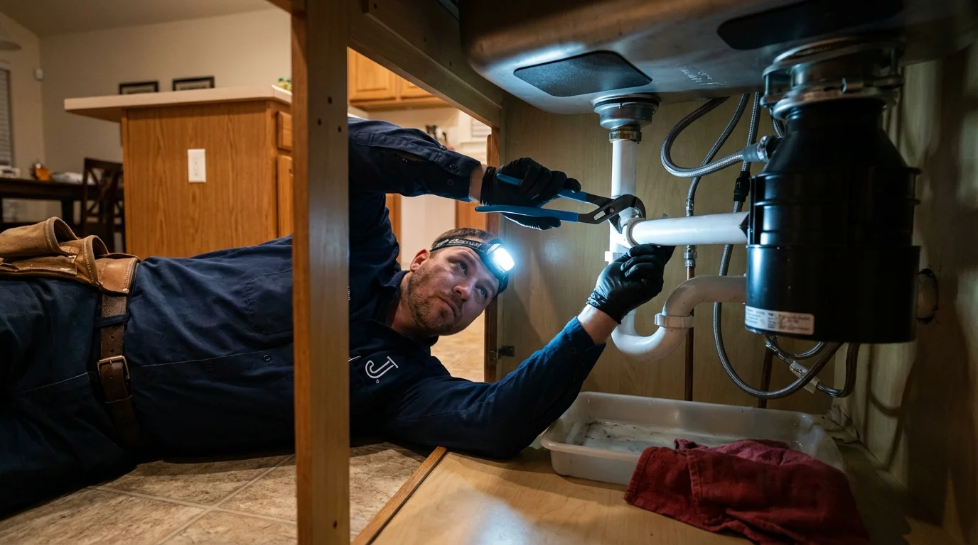 P-trap and supply line connections under a kitchen sink showing a common leak point in Waynesville, OH